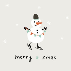 Funny Snowman christmas card. Simple vector kids illustration.