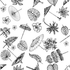 Seamless pattern of hand drawn sketch style different umbrellas and tropical plants isolated on white background. Vector illustration.