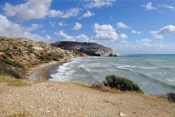 Love beach. Aphrodite's Rock - Aphrodite's birthplace near Paphos City. The rock of the Greek (Petra tou Romiou). Cyprus island