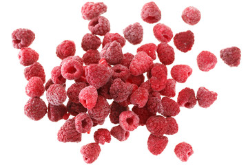 Frozen raspberry berries isolated on white background. View from above.