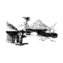 Hand drawn sketch of African village house black on white background