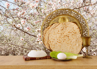 Pesah celebration concept (jewish Passover holiday). Traditional book with text in hebrew: Passover Haggadah (Passover Tale)