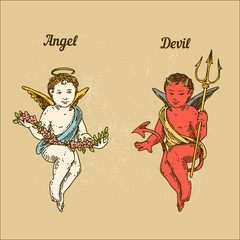 Angel and devil. Color. Engraving style. Vector illustration.