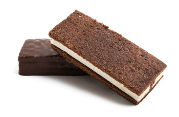 Fototapeta na wymiar chocolate sponge cake with milk souffle isolated