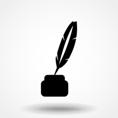 Feather quill pen with inkpot flat vector icon for apps and websites
