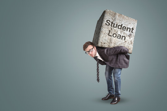 Concept of a man in a suit bending under the burden of a student loan