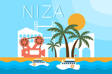 Obraz premium Niza, travel landmarks, city architecture vector illustration in flat style