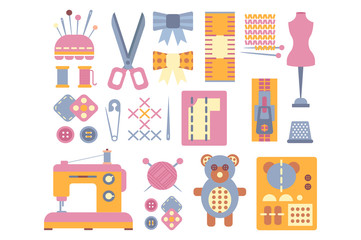 Sewing supplies and tools set, elements for needlework, tailoring, dressmaking vector illustrations