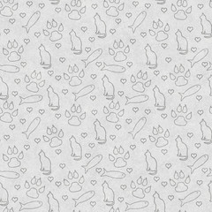 Gray cat, paw prints, fish, and hearts seamless and repeat pattern background