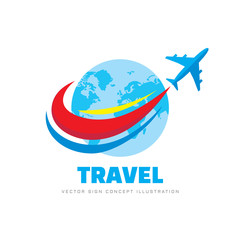 Travel - concept business logo template vector illustration. Airplane with abstract globe earth. Graphic design element. 