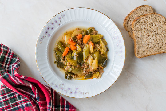 Turkish Food Leek with Minced Meat / Kiymali Pirasa.