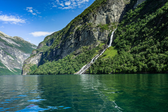 Landscape of Geirangerfjord with the Friar (or the Suitor) waterfall, Sunnmore, More og Romsdal, Norway