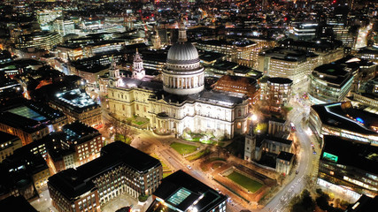 Aerial drone night shot of iconic landmark   Saint Paul Cathedral in the heart of City financial district of London, United Kingdom