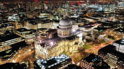 Aerial drone night shot of iconic landmark   Saint Paul Cathedral in the heart of City financial district of London, United Kingdom