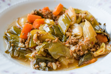 Turkish Food Leek with Minced Meat / Kiymali Pirasa.