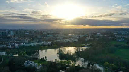 Aerial drone bird's eye view photo of famous Regent's Royal Park unique nature and Symetry of Queen Mary's Rose Gardens as seen from above, London, United Kingdom