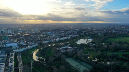 Fototapeta na wymiar Aerial drone bird's eye view photo of famous Regent's Royal Park unique nature and Symetry of Queen Mary's Rose Gardens as seen from above, London, United Kingdom