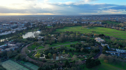Aerial drone bird's eye view photo of famous Regent's Royal Park unique nature and Symetry of Queen Mary's Rose Gardens as seen from above, London, United Kingdom