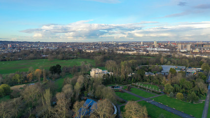 Aerial drone bird's eye view photo of famous Regent's Royal Park unique nature and Symetry of Queen Mary's Rose Gardens as seen from above, London, United Kingdom