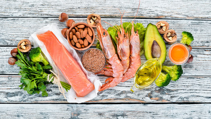 Foods containing omega 3. Vitamin Healthy foods: avocados, fish, shrimp, broccoli, flax, nuts,...