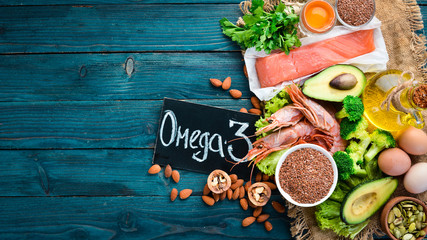 Foods containing omega 3. Vitamin Healthy foods: avocados, fish, shrimp, broccoli, flax, nuts,...