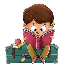 Niño leyendo un libro sentado sobre una maleta