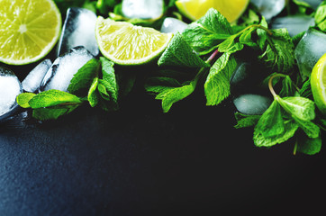 Mojito coctail ingredients with fresh mint leaves and lime slices on a black background
