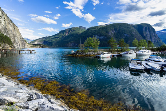 Small picturesque port of Valldal, a village on Norddalsfjorden, Sunnmore, More og Romsdal, Norway