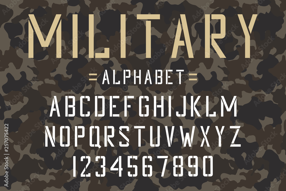 Poster military stencil font. army stencil alphabet and numbers on camouflage background. vintage typeface.