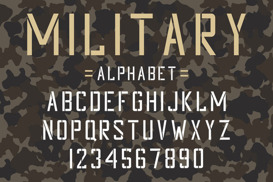 Military Stencil Font. Army Stencil Alphabet And Numbers On Camouflage Background. Vintage Typeface. Vector.