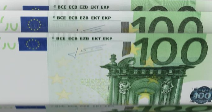 Loopable: Counting cash hundred Euro bills. Infinite flow of 100 EUR banknotes. Animated money background. Wealth growth concept.
