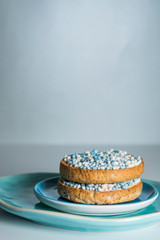 rusk with blue aniseed balls, muisjes. Tradition in the Netherlands to celebrate the birth of a son