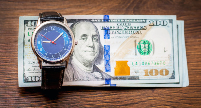 Watches And US Dollars. Time To Get A Salary. Time To Pay Off Debts. Time Is Money_