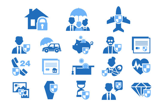 Diverse Insurance Blue Icons Set, Insurance Of Life, Health, Property, Finance Vector Illustrations On A White Background