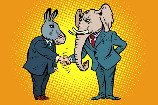 donkey shakes elephant hand. Democrats Republicans