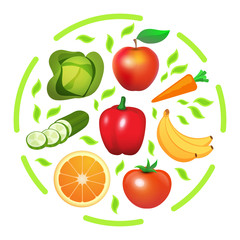 Vector round print with Vegetables and Fruits.