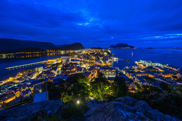 Night wide angle view of Alesund seen from mount Aksla viewpoint, More og Romsdal, Norway