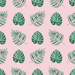Green tropical leaves on the pink background. Seamless graphic design with amazing palms. Fashion, interior, wrapping, packaging suitable. Realistic palm leaves.