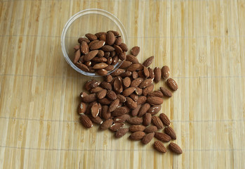 Healthy food  for background image close up almond nuts. Texture Nuts on the cup plate