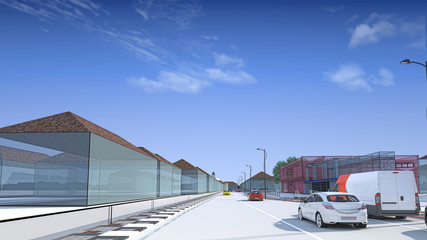 Fototapeta na wymiar Architectural engineering design of urban street in city center using BIM, 3d illustration, 3d rendering