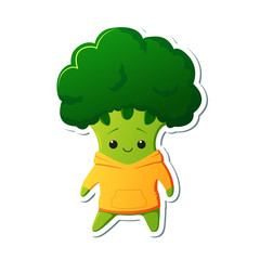Sticker kawaii broccoli character. Cute broccoli in yellow hoodies.