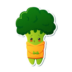 Sticker kawaii broccoli character. Cute broccoli in yellow hoodies.