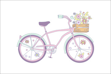 Pink retro bicycle with flowers in a wooden box vector illustration