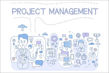 Fototapeta premium Project management set, organizing, company resources, risks, achieving goals, design element for banner, poster, brochure, flyer, advertising, hand drawn vector Illustrations