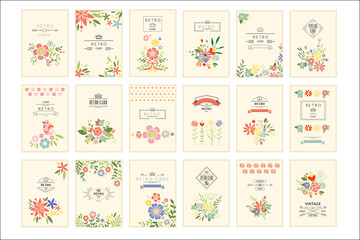Fototapeta na wymiar Retro card with flowers set, romantic vintage cards collection vector Illustrations