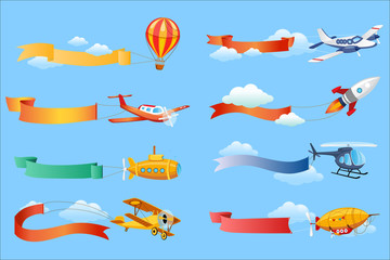 Air vehicles with horizontal banners set, helicopter, airplane, biplane, airship with ribbons vector Illustrations © topvectors