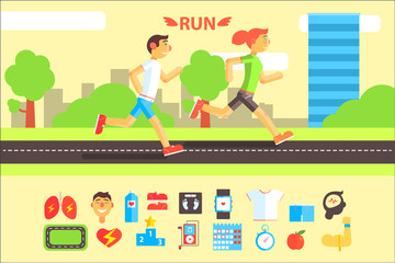 Running people, sports and physical activity equipment horizontal banners vector Illustrations