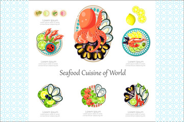 Seafood Cuisine of World, crab, shrimp, octopus, mussel on a plates, design element for banner or poster vector Illustration