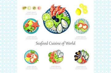 Fototapeta premium Seafood Cuisine of World, restaurant delicious dish, design element for banner or poster vector Illustration on a white background