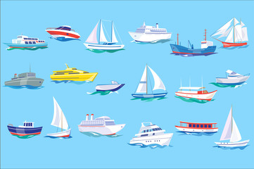 Sea ship, boat and yacht set, ocean or marine transport concept vector Illustration in flat style,